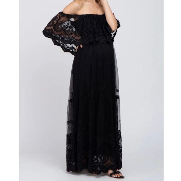 PinkBlush Off Shoulder Lace Overlay Maxi Black Dress Size S - Picture 4 of 16